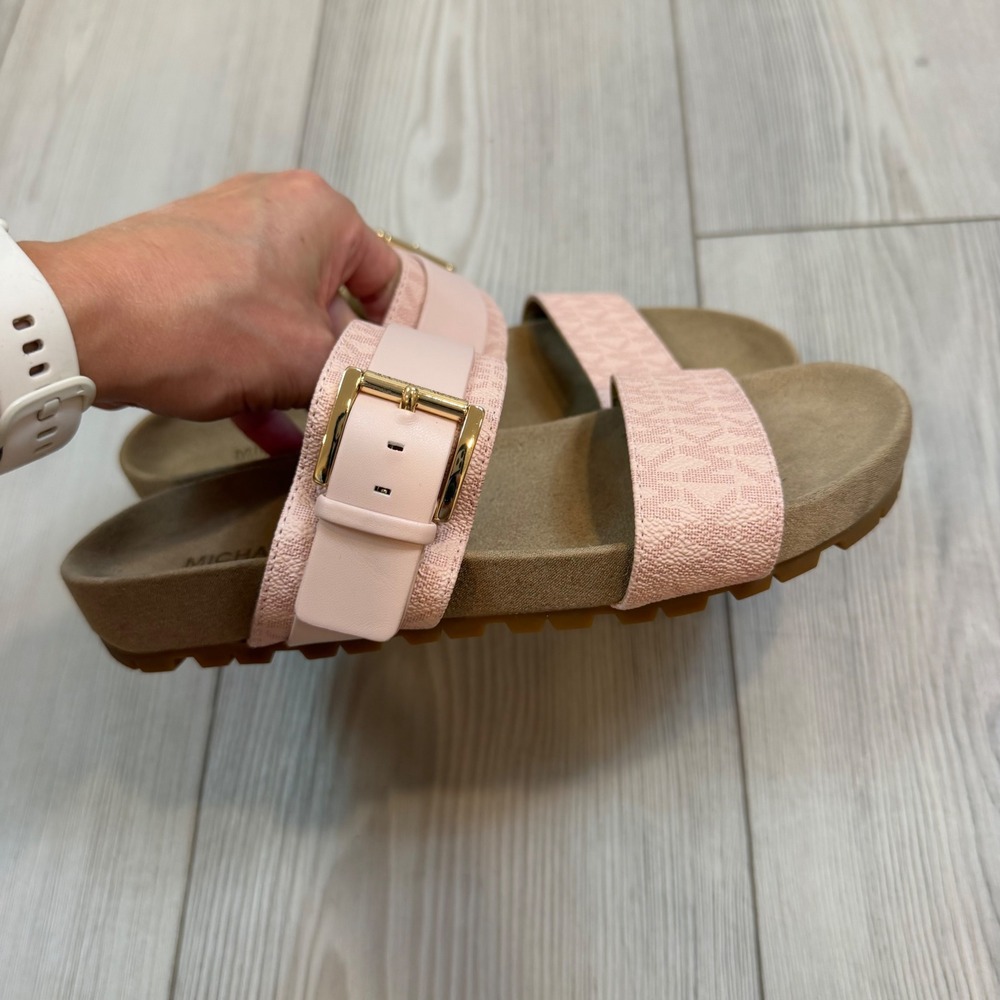 NEW Michael Kors Pink MK Logo Buckle Slide Sandals Mylah Leather Sandal 6.5M - Picture 3 of 8